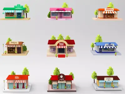 Cartoon City Buildings Shops  Low-poly 3D model