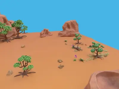 Cartoon set desert with rocks and trees 3D model