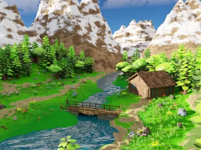 House Near Mountain Scene 3D model