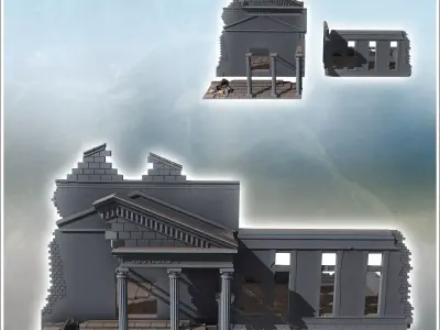 French neo-classical-style courthouse with columned entrance and 3D print model