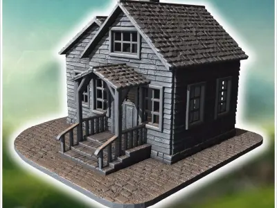 Wooden house with a covered porch intact roof shingles and woode 3D print model