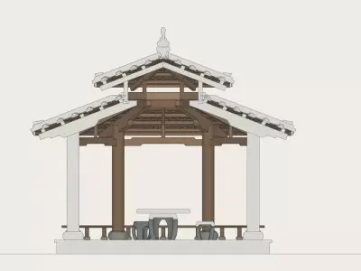 Traditional Asian Pavilion-Wooden Structure with Tiled Roof 3D model