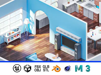 Room 7 living and kitchen Low-poly 3D model