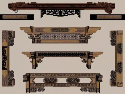 Ancient architecture carved wooden structure kit 3D model 3D model