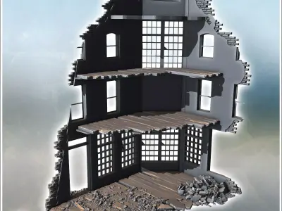 Curved building facade with shattered windows bullet impacts and 3D print model