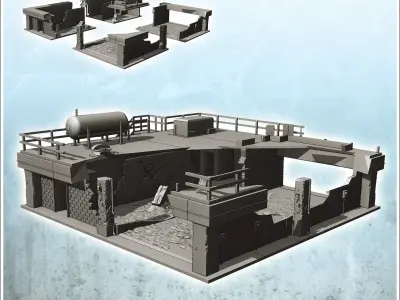 Industrial garage with rooftop annex and long antenna destroyed  3D print model