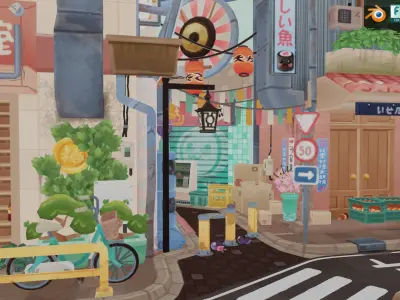 Stylized Japanese Street Corner - Texture Baked Low-poly 3D model