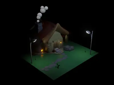 3d minimalist house in the countryside Low-poly 3D model