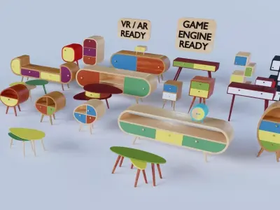 70s style furniture collection Low-poly 3D model