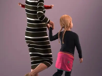 Pre-posed mother with her kids 3D model