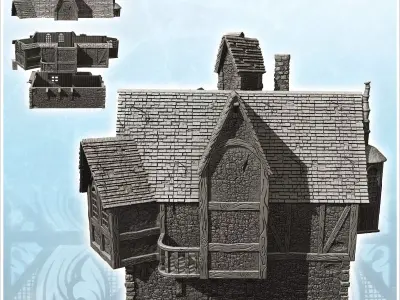 Large medieval manor with suspended room zigzagging roof and chi 3D print model