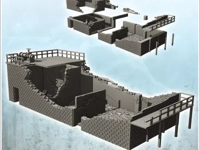 Brick industrial building with staircase and piping ruined versi 3D print model