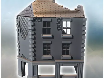 Corner ruin building with three-sided roof and ground-floor shop 3D print model