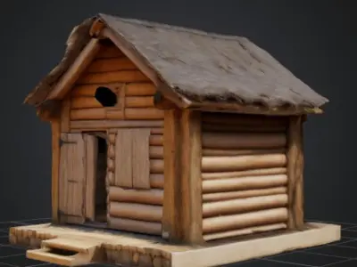  Rustic Wooden Hut with Thatched Roof Low-poly 3D model