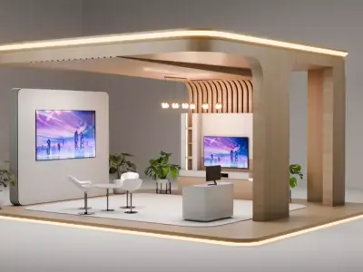 Modern Exhibition Booth with Wood Finish and LED 3D Model 3D model