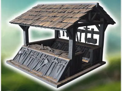 Open wooden market stall with a slanted roof display shelves and 3D print model