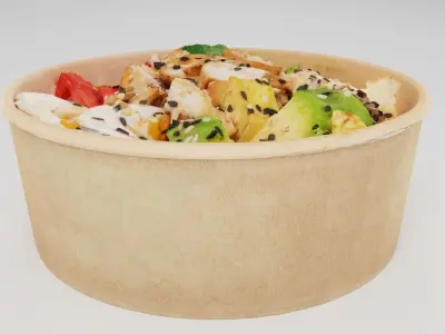 Poke bowl lunch with eggs chicken avocado tomatoes rice chuka  3D model