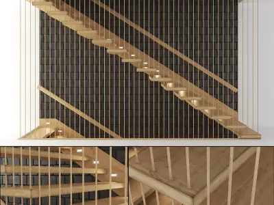 stair215 wooden staircase with railings 3D model