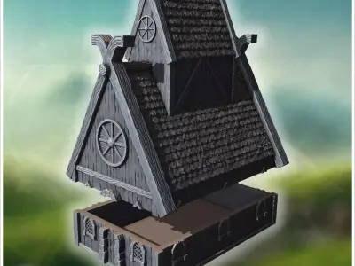 Traditional wooden hall with steep roof reinforced framework and 3D print model