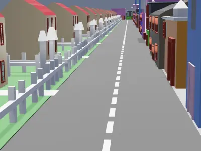 City low poly street with houses and buildings Low-poly 3D model