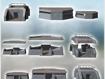 Three modern flat-roofed bunkers with reinforced walls featuring 3D print model