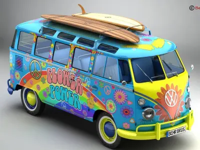 Volkswagen T1 Samba 1963 Hippie Accessories 3D model