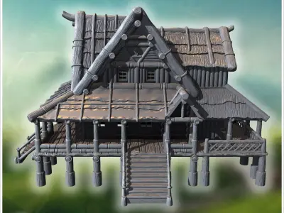 Elevated rustic wooden house with detailed porch steep stairs an 3D print model