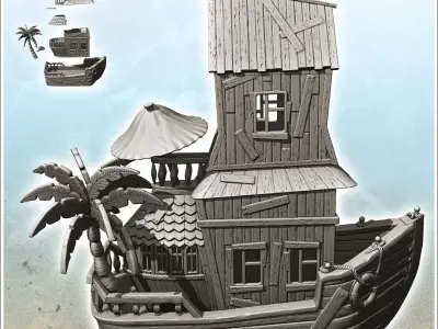 House on boat with parasol and palm tree 1 - Pirate Jungle Islan 3D print model