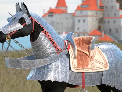  Black Horse in Used Medieval Armor Fur 
