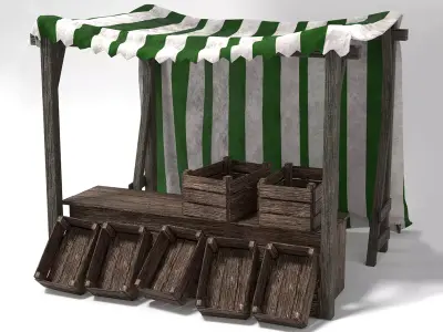 Medieval Market Stall Tent Green and White 3D Model with Crates Low-poly 3D model
