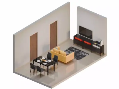 Isometric Living Dining Room With Black Furniture  3D model