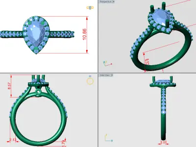 Pear shape halo ring with pave setting on the sides 3D print model