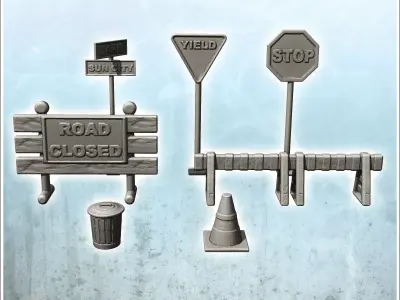 Modern roadworks signage set with signs and barriers 11 3D print model