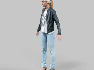 Cute girl in jeans leather jacket and bandana Rigged Low-poly 3D model