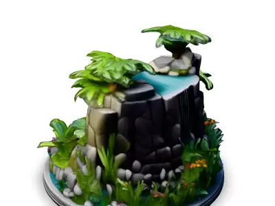 Stylized Tropical Waterfall Diorama Low-poly 3D model