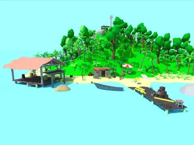 low poly cartoon tropical island scene Low-poly 3D model