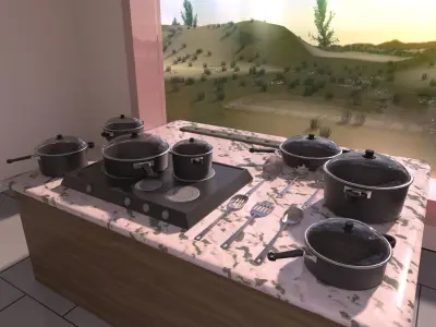 Cooking Set kitchen with pots and pans on counter 3D model