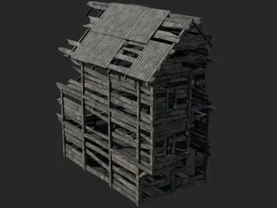 Burned and ruined Wooden Buildings Low-poly 3D model