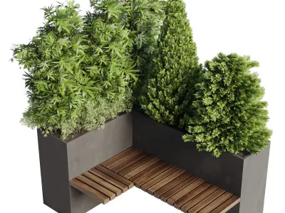 Urban Environment Urban Furniture Green Benches Plants and Tree  3D model