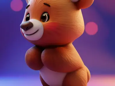 Cute Orange Bear 3D Fluffy Plush Toy Big Eyes Hugging Paws Low-poly 3D model