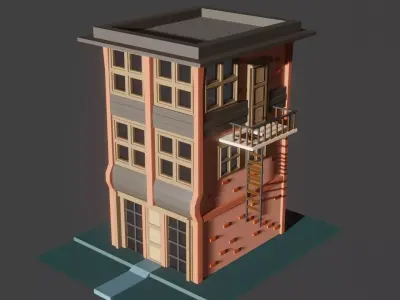 Low Poly Building with fire escape Low-poly 3D model