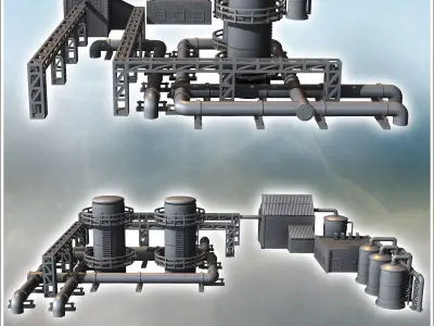 Modular industrial site set with large storage tanks pillars wit 3D print model
