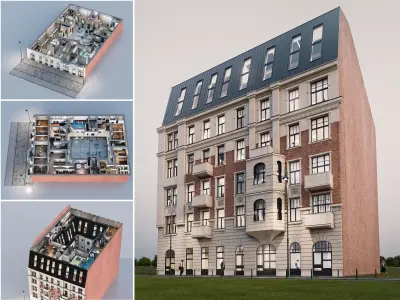 Terraced Office Building with Full Interior and Courtyard 3D model