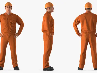  Builder Wearing Orange Coveralls Rigged for Cinema 4D 