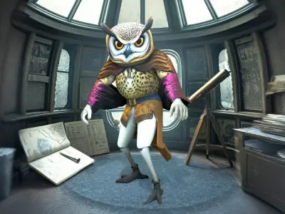 Wise Owl Astronomer in Velvet Robe Low-poly 3D model