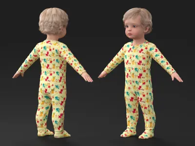  Toddler Aged 1 Year in Pajamas A-Pose 