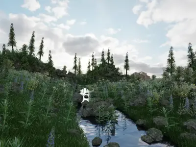 Scene grassy area with stream and trees 3D model