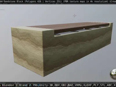 Bench -6- Wood on Sandstone Block Low-poly 3D model