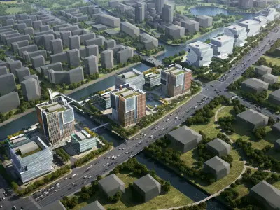 Modern Waterfront Business District Masterplan 3D model