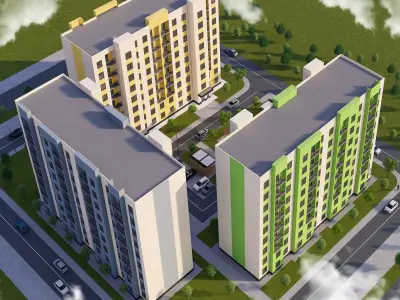 Modern 9-storey residential building and Landscape Low-poly 3D model